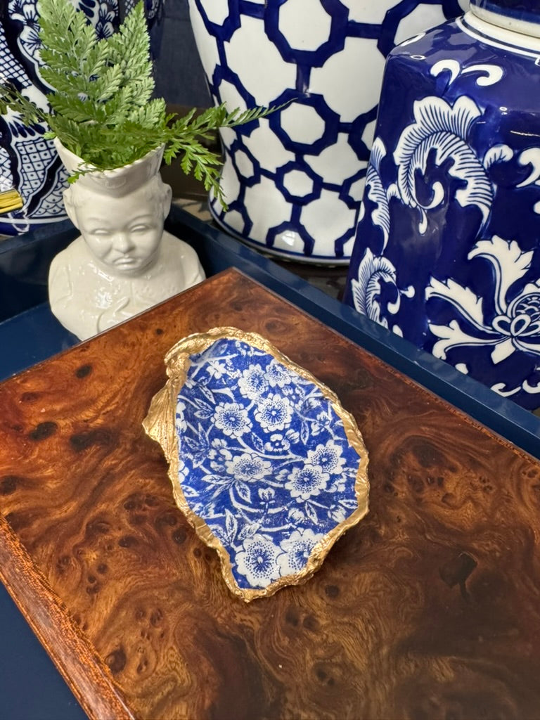 Navy & White Floral | Grande Oyster Display Shell