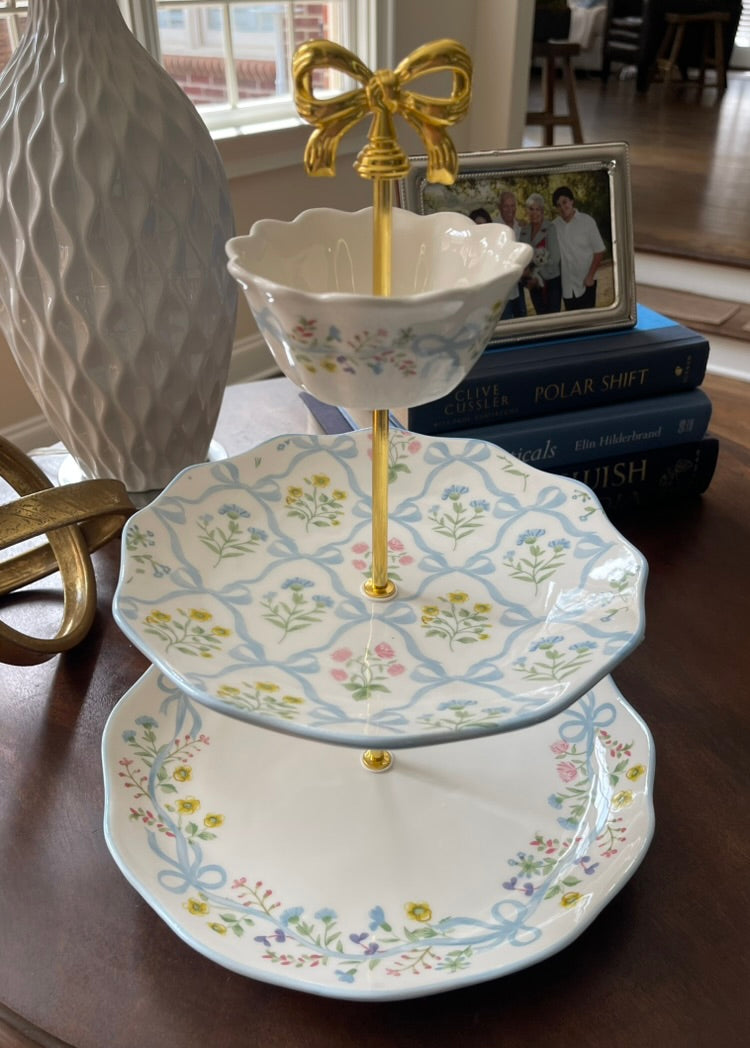 Baby Blue Bows w/Cup | 3 Tiered Plate Stand