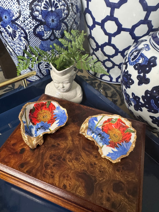 Blue & Red Floral | Oyster Shell Trinket Dish