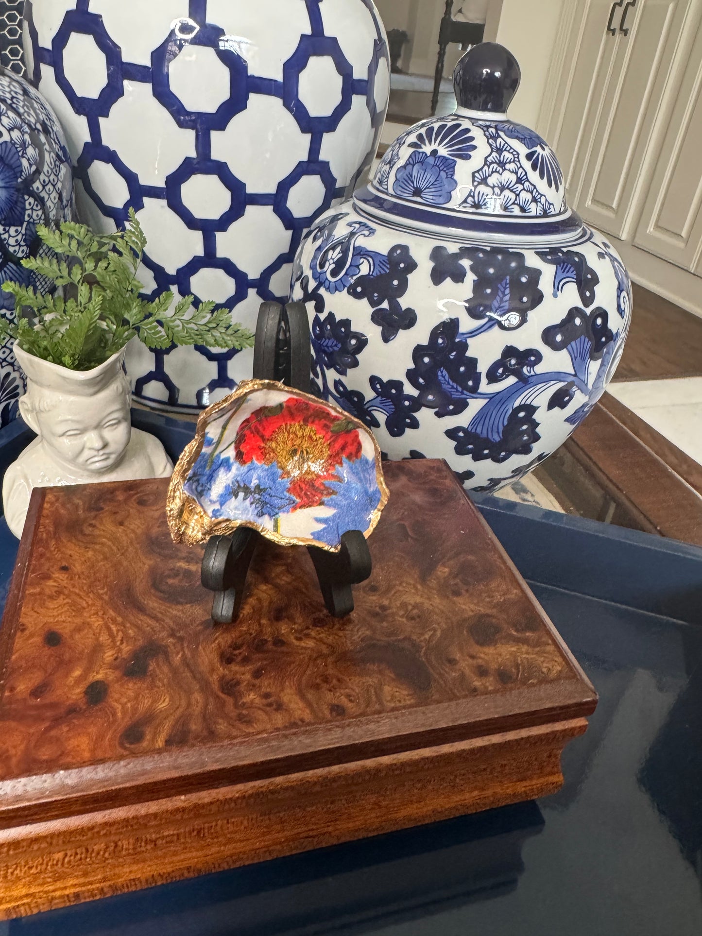 Blue & Red Floral | Oyster Shell Trinket Dish