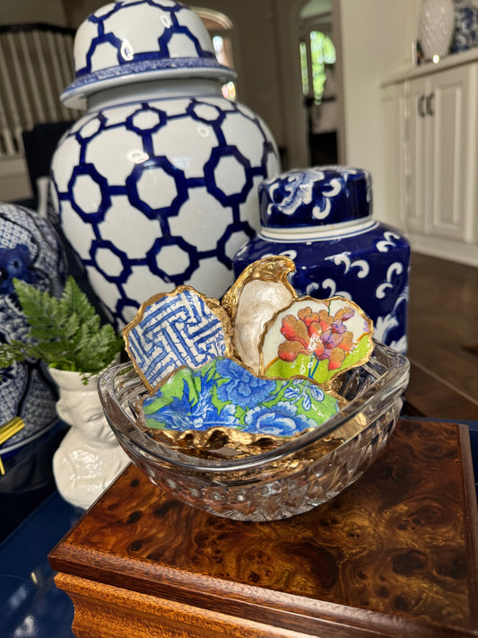 Blue & White Greek Key | Petite Oyster Shell Trinket Dish