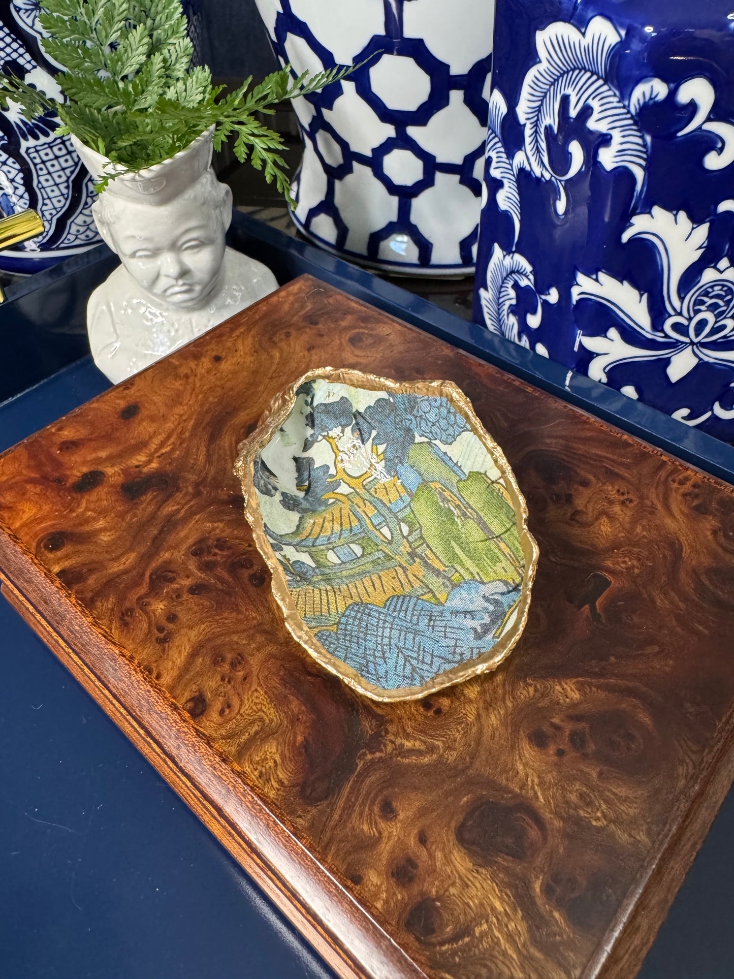 Blue Green Chinoiserie | Grande Oyster Display Shell