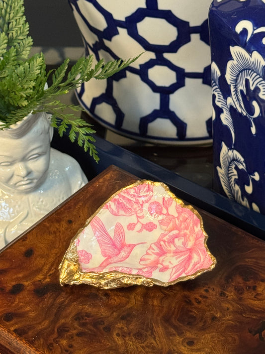 Pink & White Hummingbird Toile | Petite Oyster Display Shell