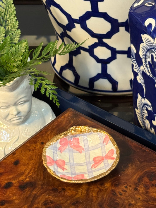 Blue Gingham & Pink Bows | Petite Clam Shell Trinket Dish