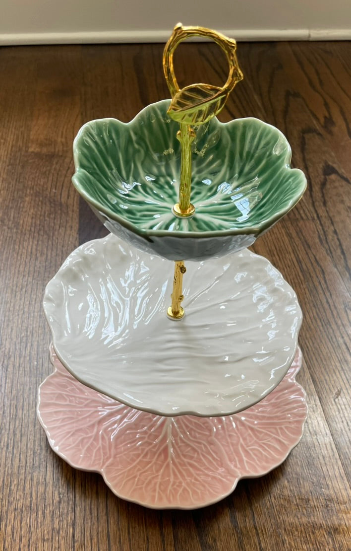 Pink, Green & White Garden | 3 Tiered Plate Stand