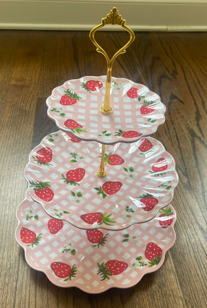 Strawberry Check #1 | Melamine 3 Tiered Plate Stand