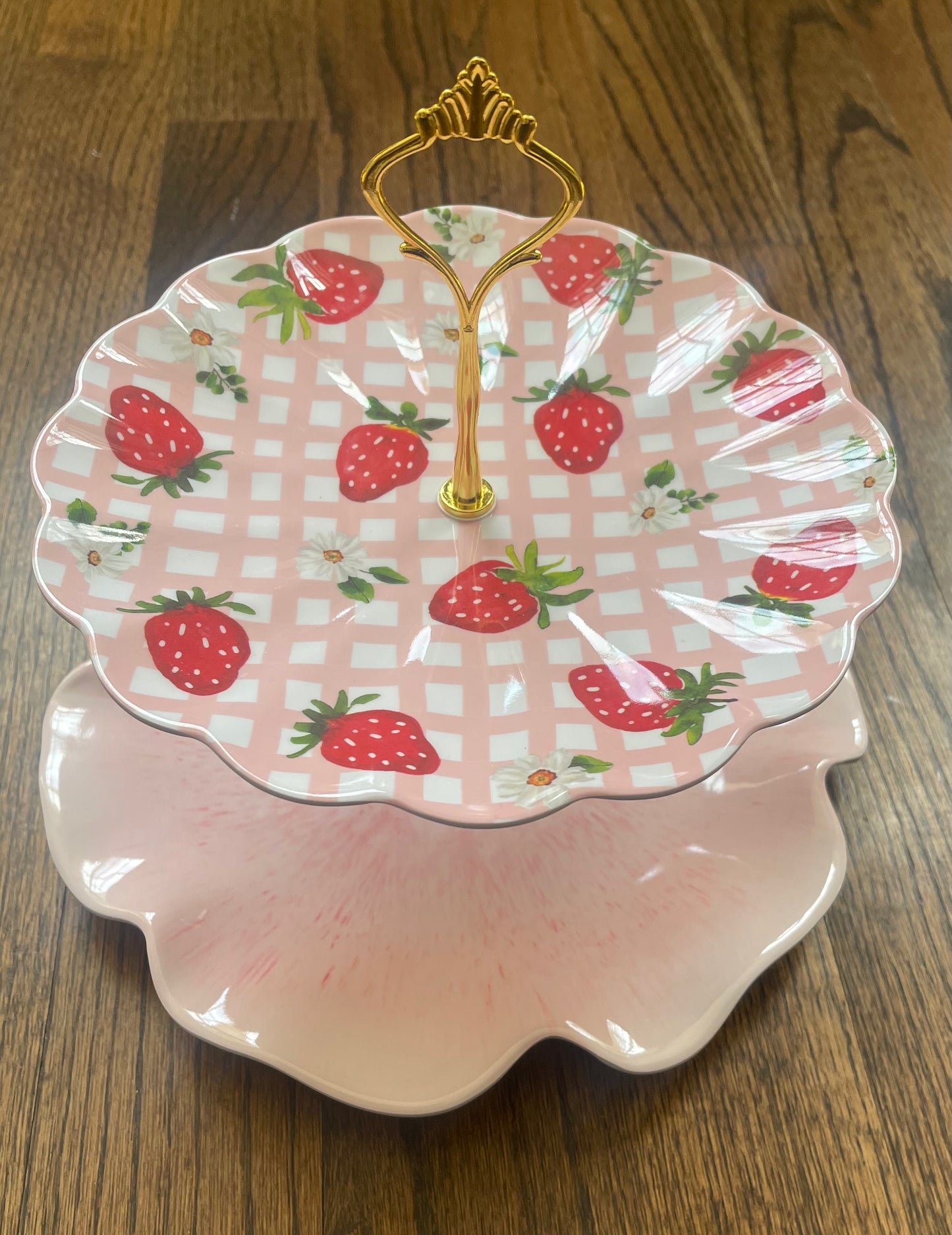 Strawberry Check #2 | Melamine 2 Tiered Plate Stand