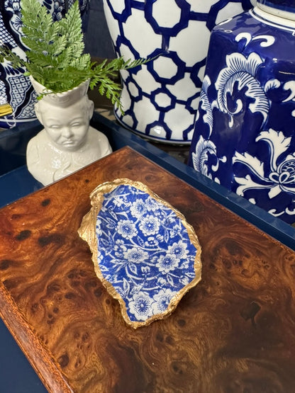 Navy & White Floral  | Grande Oyster Display Shell