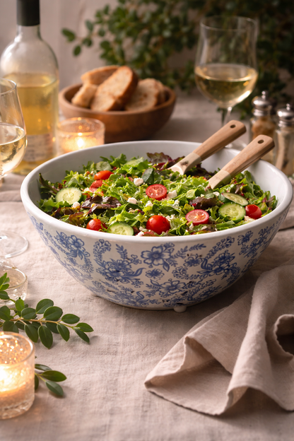 Handcrafted Large Vintage Wood Bowl | Blue & White