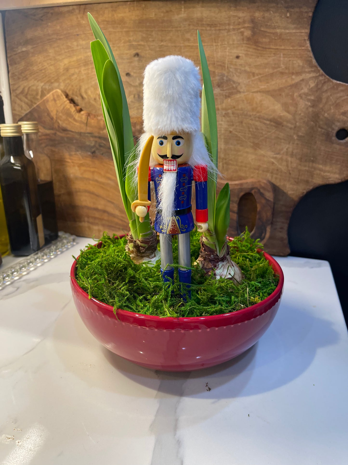 Red Bowl - 2 White Amaryllis & Nutcracker