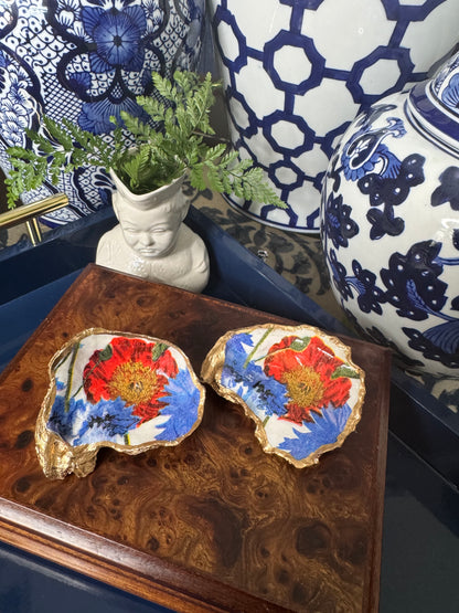 Blue & Red Floral | Oyster Shell Trinket Dish