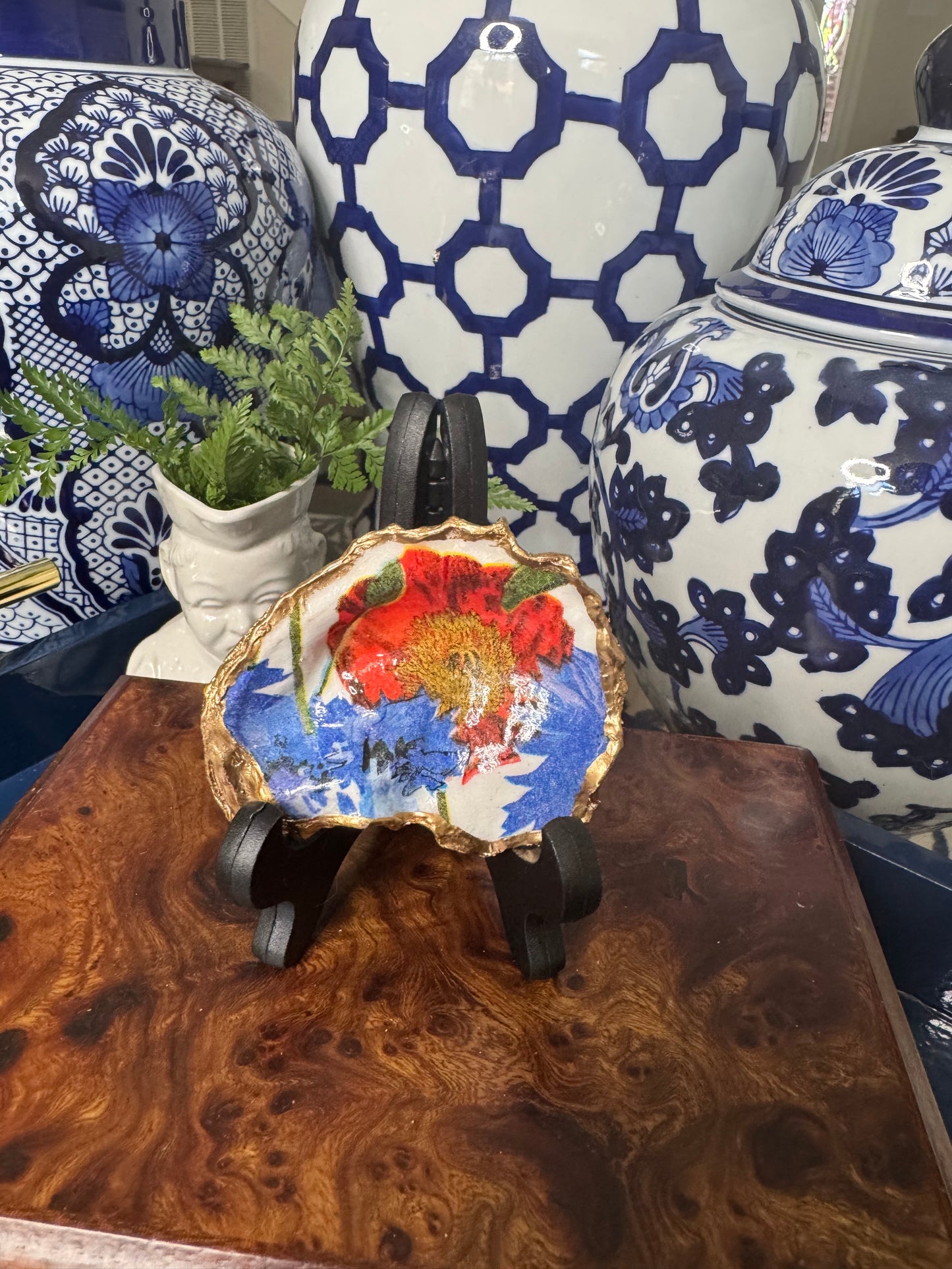 Blue & Red Floral | Oyster Shell Trinket Dish