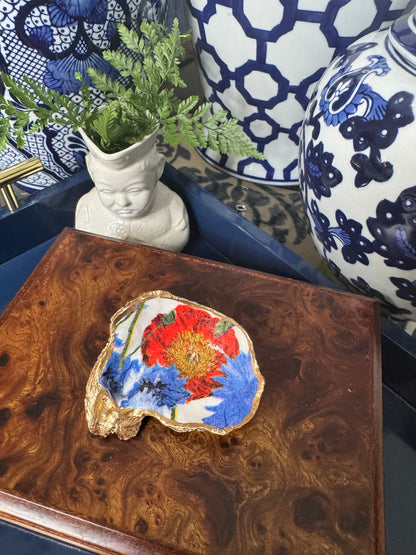 Blue & Red Floral | Oyster Shell Trinket Dish