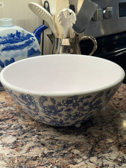 Handcrafted Large Vintage Wood Bowl | Blue & White