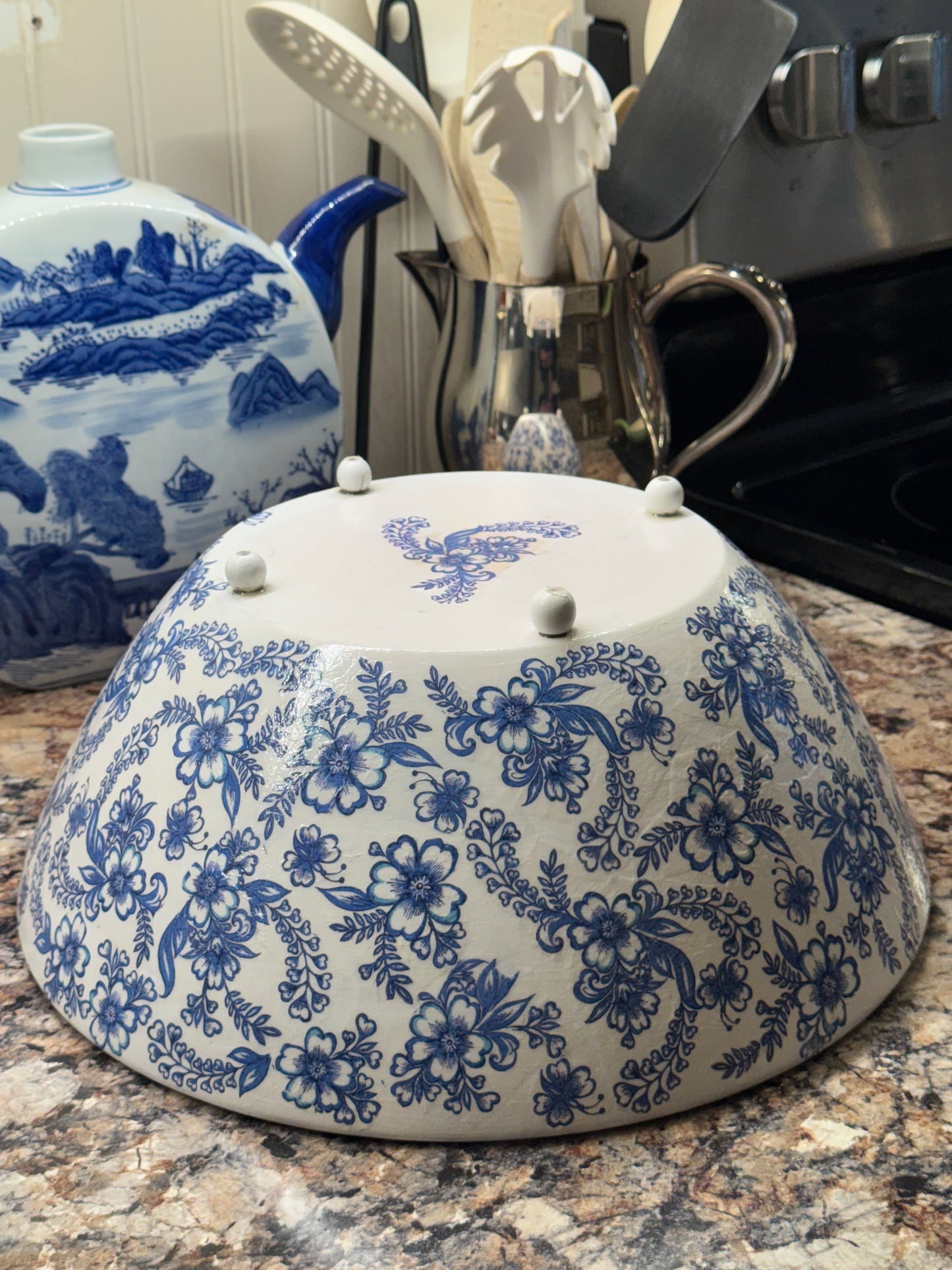 Handcrafted Large Vintage Wood Bowl | Blue & White