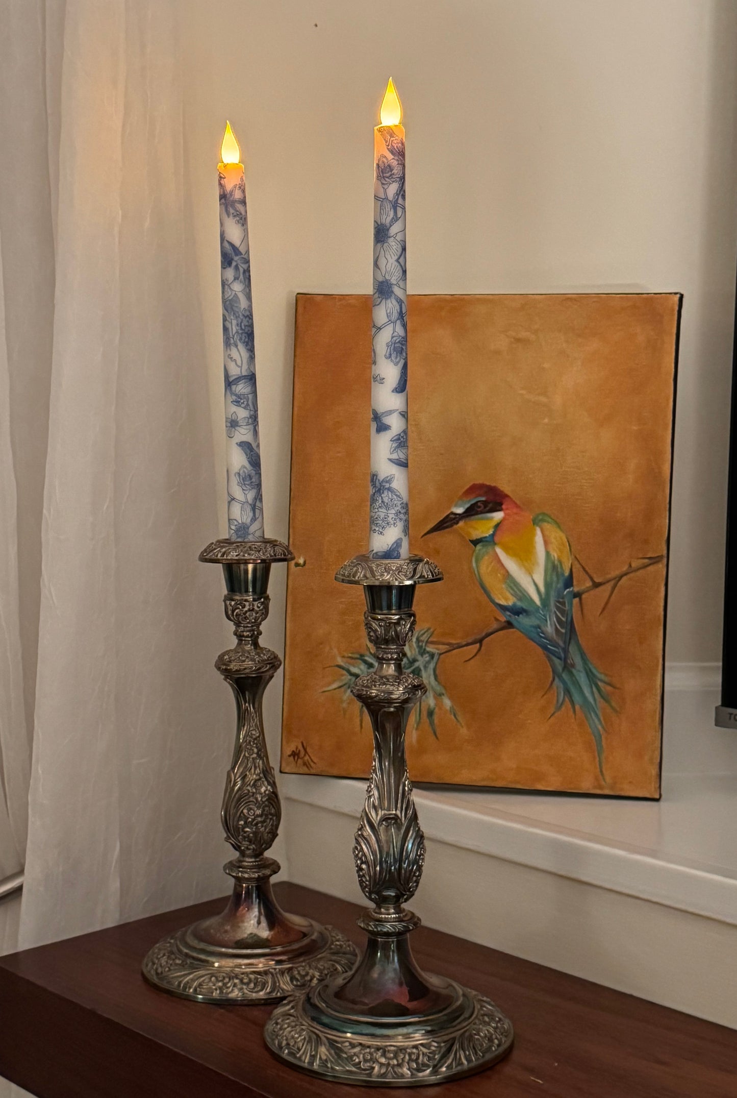 Blue Toile Taper Candlesticks | Flameless
