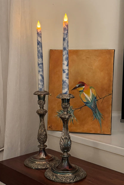 Blue Toile Taper Candlesticks | Flameless