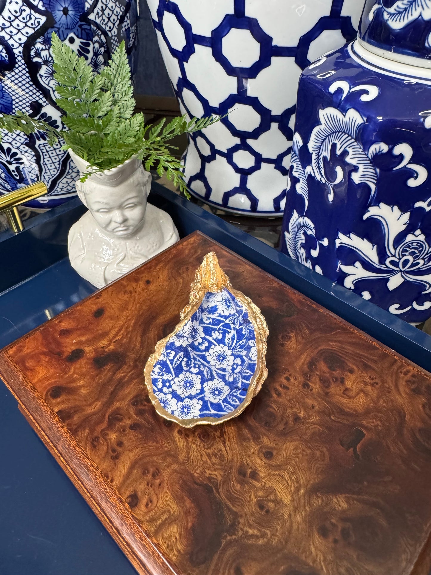 Navy & White Floral  | Grande Oyster Display Shell