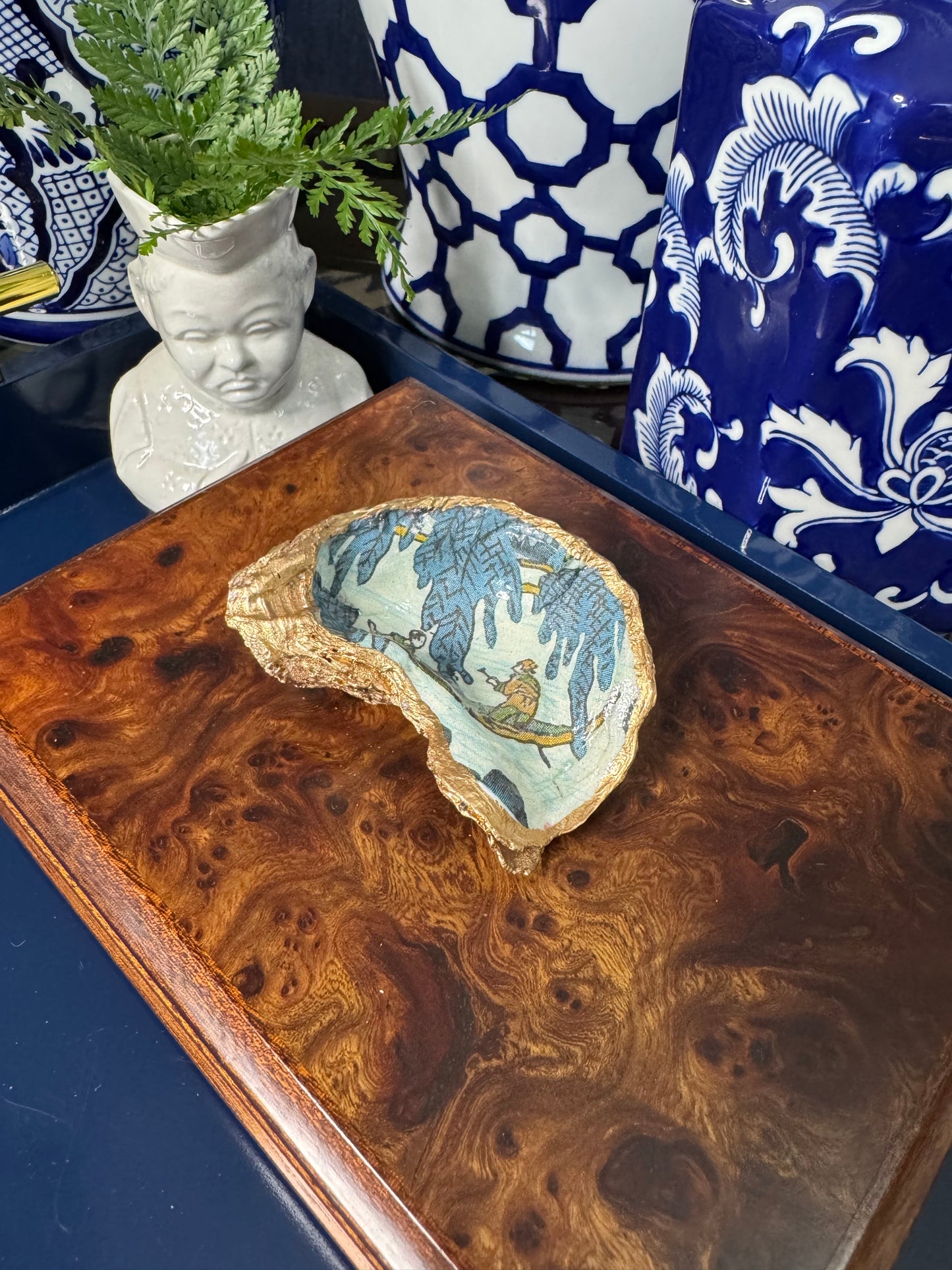 Blue Green Chinoiserie | Grande Oyster Display Shell