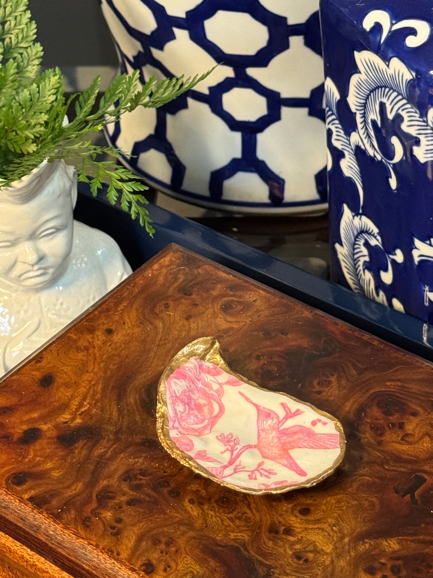Pink & White Hummingbird Toile | Petite Oyster Display Shell