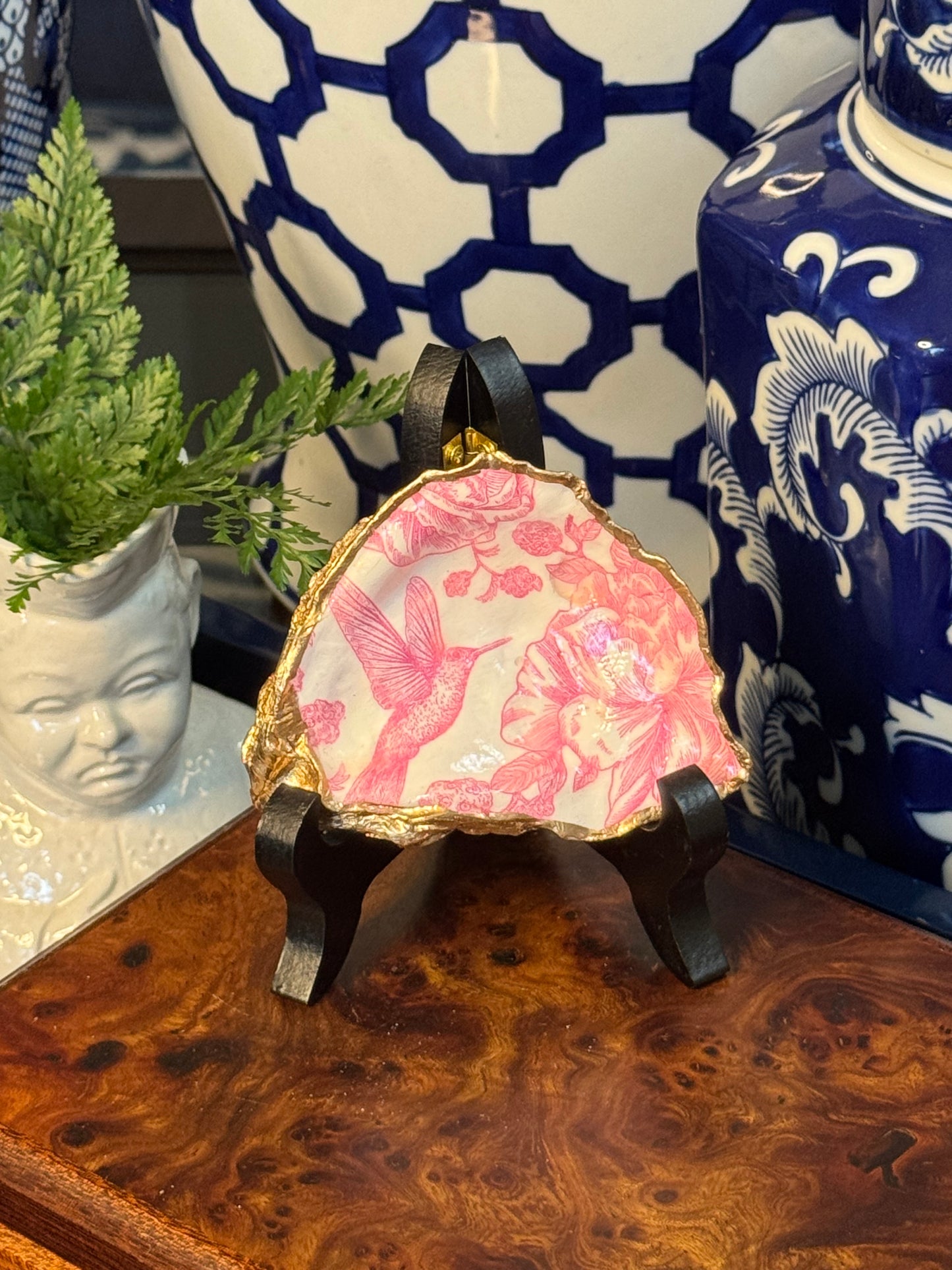 Pink & White Hummingbird Toile | Petite Oyster Display Shell