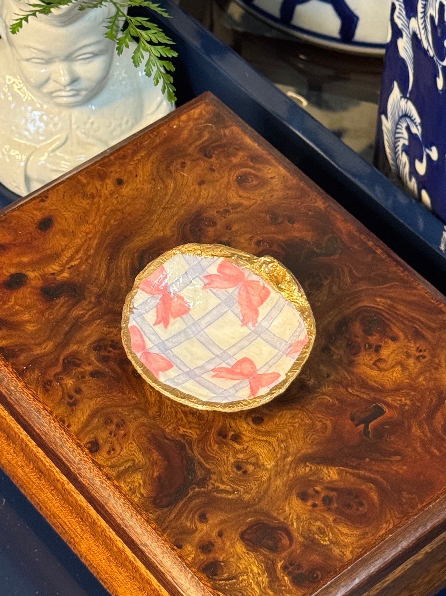 Blue Gingham & Pink Bows | Petite Clam Shell Trinket Dish