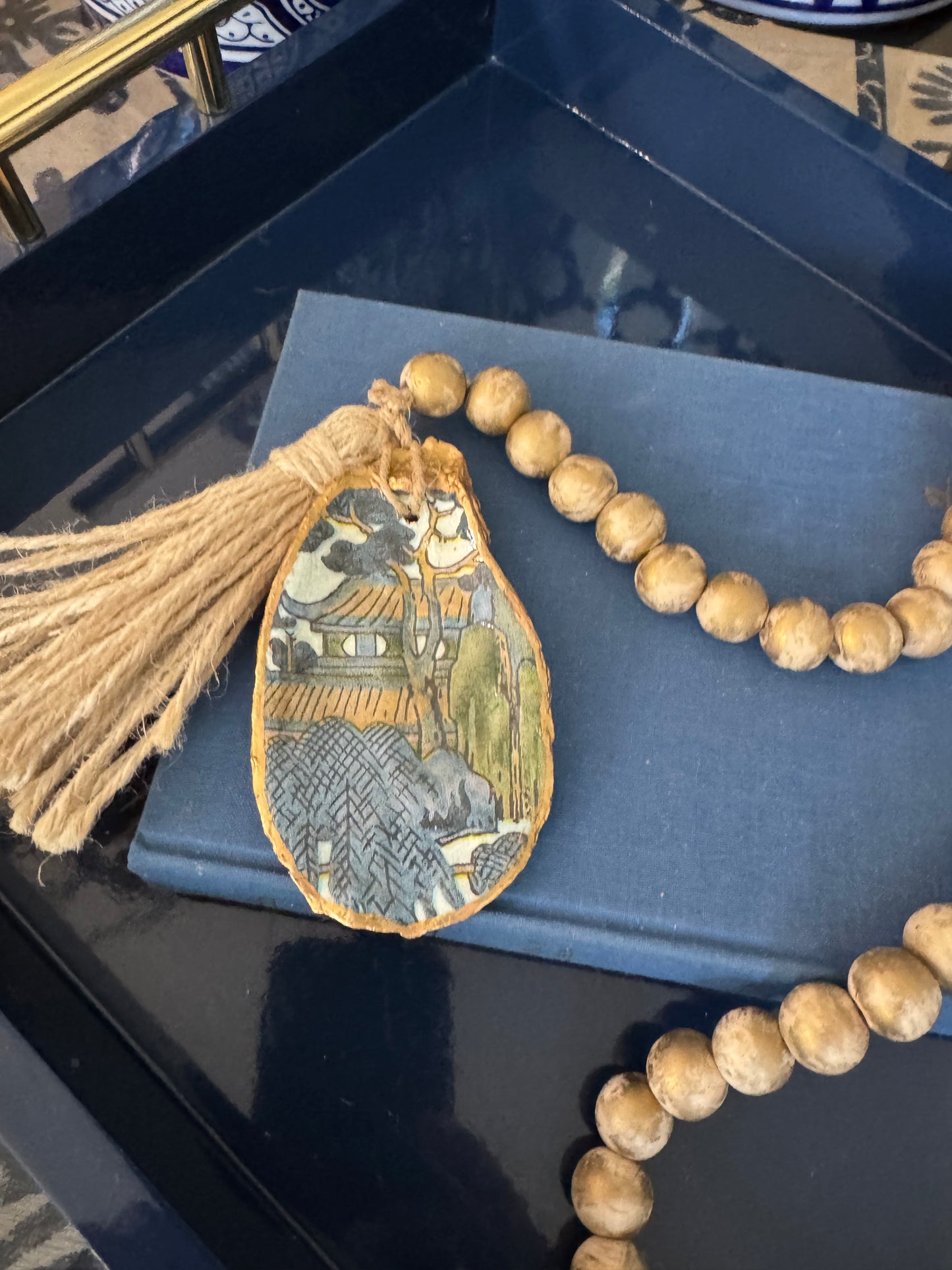 One Shell Oyster Garland | Muted Blue Green Chinoiserie