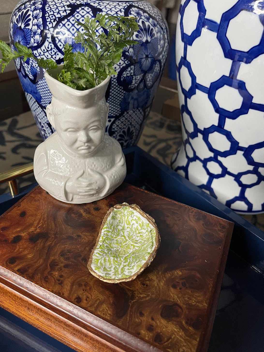 Light Green Damask | Petite Oyster Shell Trinket Dish