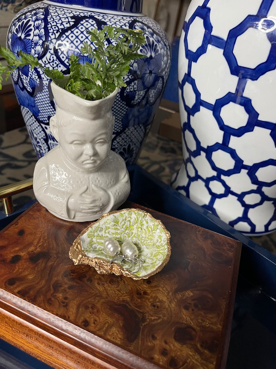 Light Green Damask | Petite Oyster Shell Trinket Dish