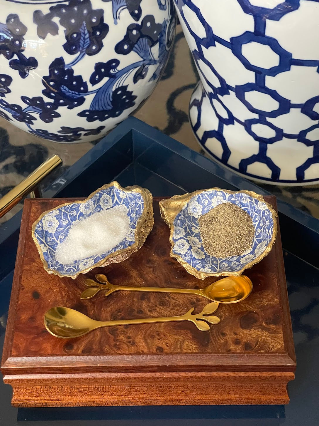 Navy & White Floral |Salt & Pepper Oyster Shell Dishes