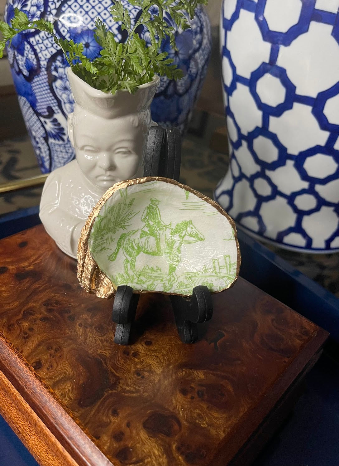 Green Toile Reverie | Petite Oyster Display Shell