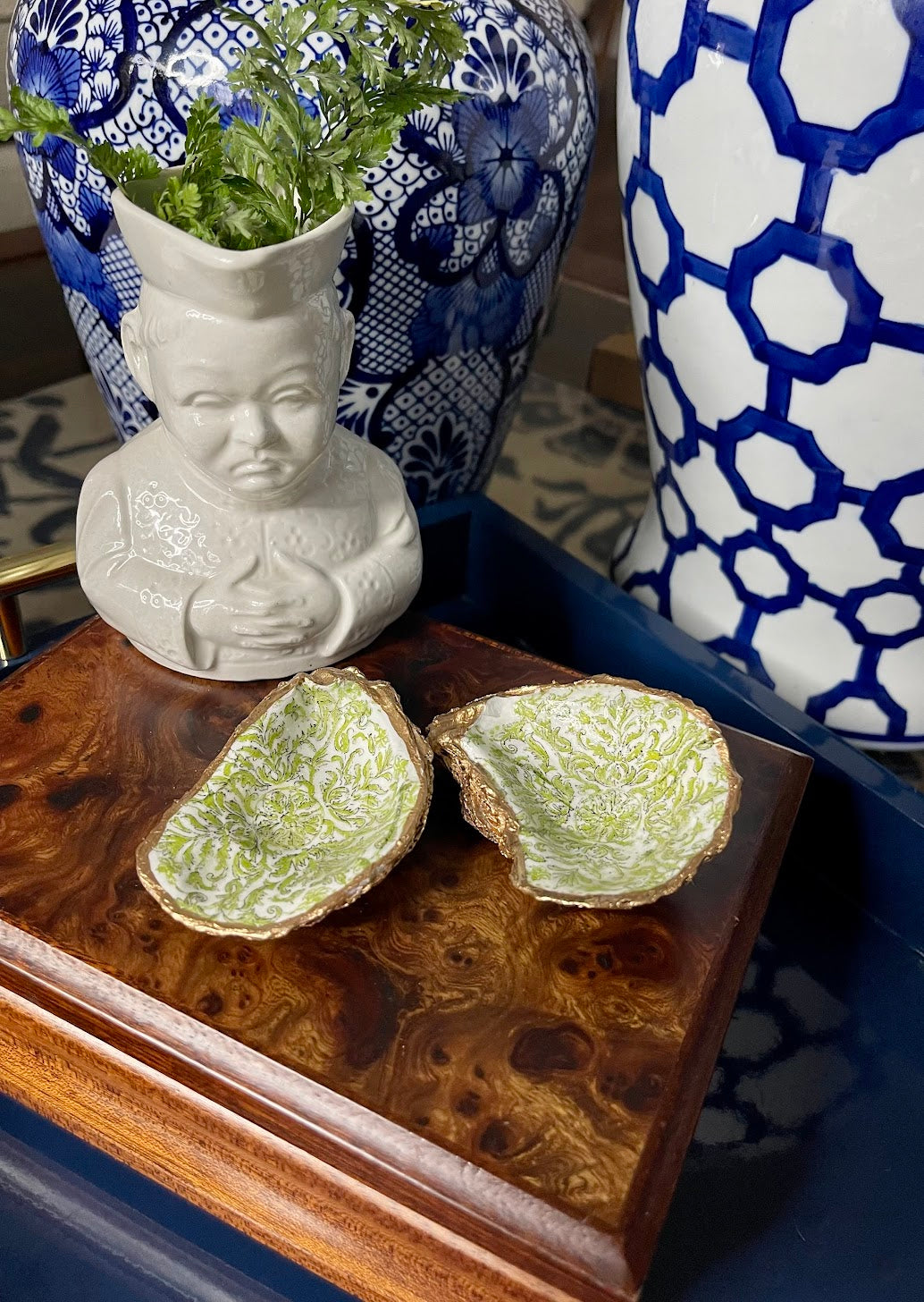 Light Green Damask | Petite Oyster Shell Trinket Dish